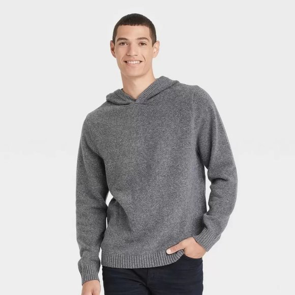 NEW! Hooded Solid Pullover Sweater, Heather Gray - Picture 1 of 6